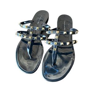 Tahari Jelly Bean Flat Sandals Women 8 Navy Blue Slides Gold Pyramid Studs Thong